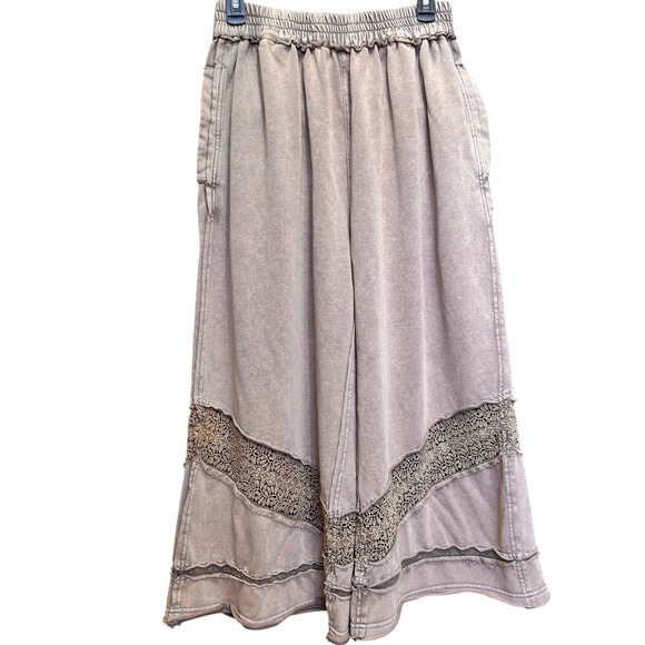 Oli & Hali Mineral Wash Wide Leg Lace Crochet Boho Pants Tan DS7090 L - Picture 4 of 10